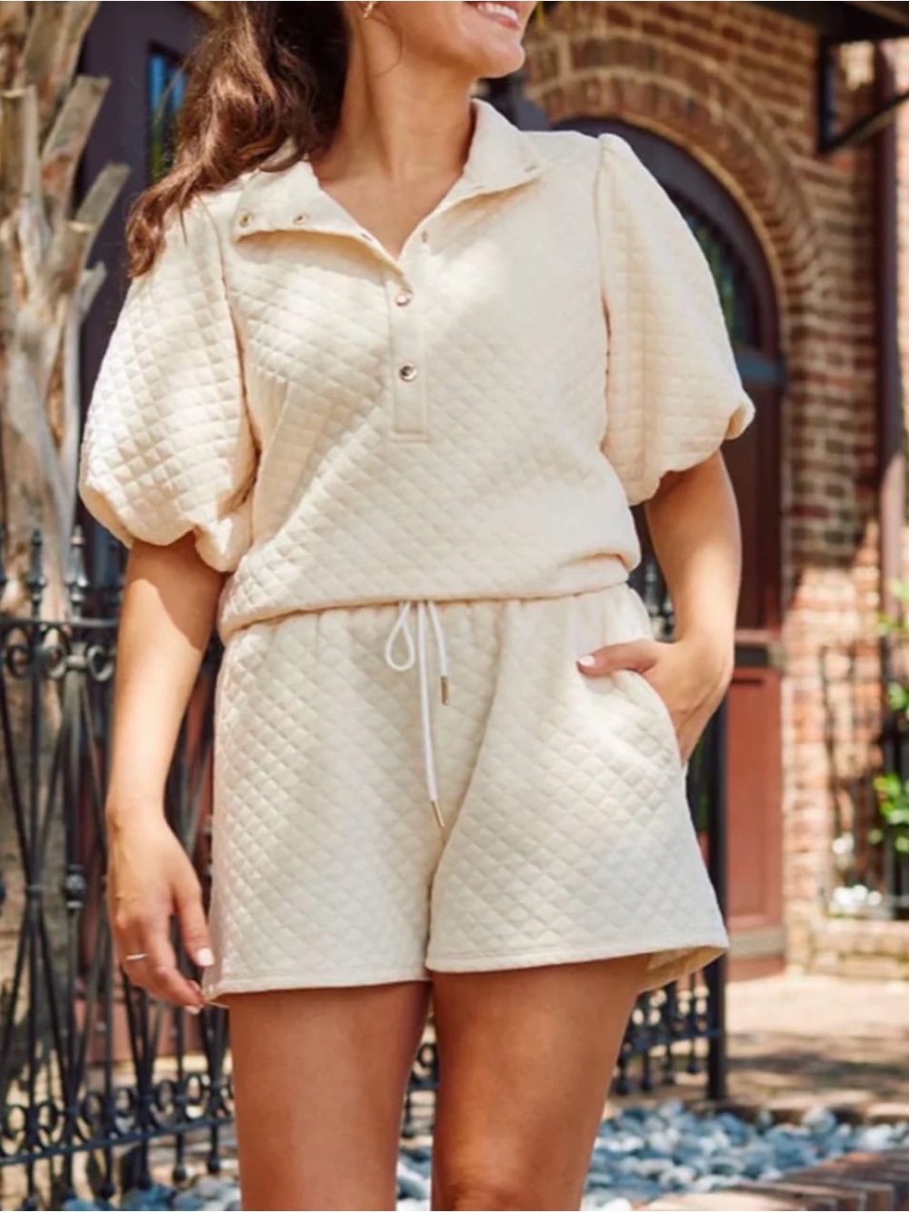 Quilted Cream Short Set with Drawstring Waist
